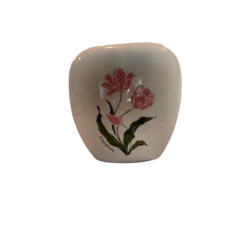 Three Sisters Earthworks Handpainted Ceramic Vase with Pink Tulip Motif
